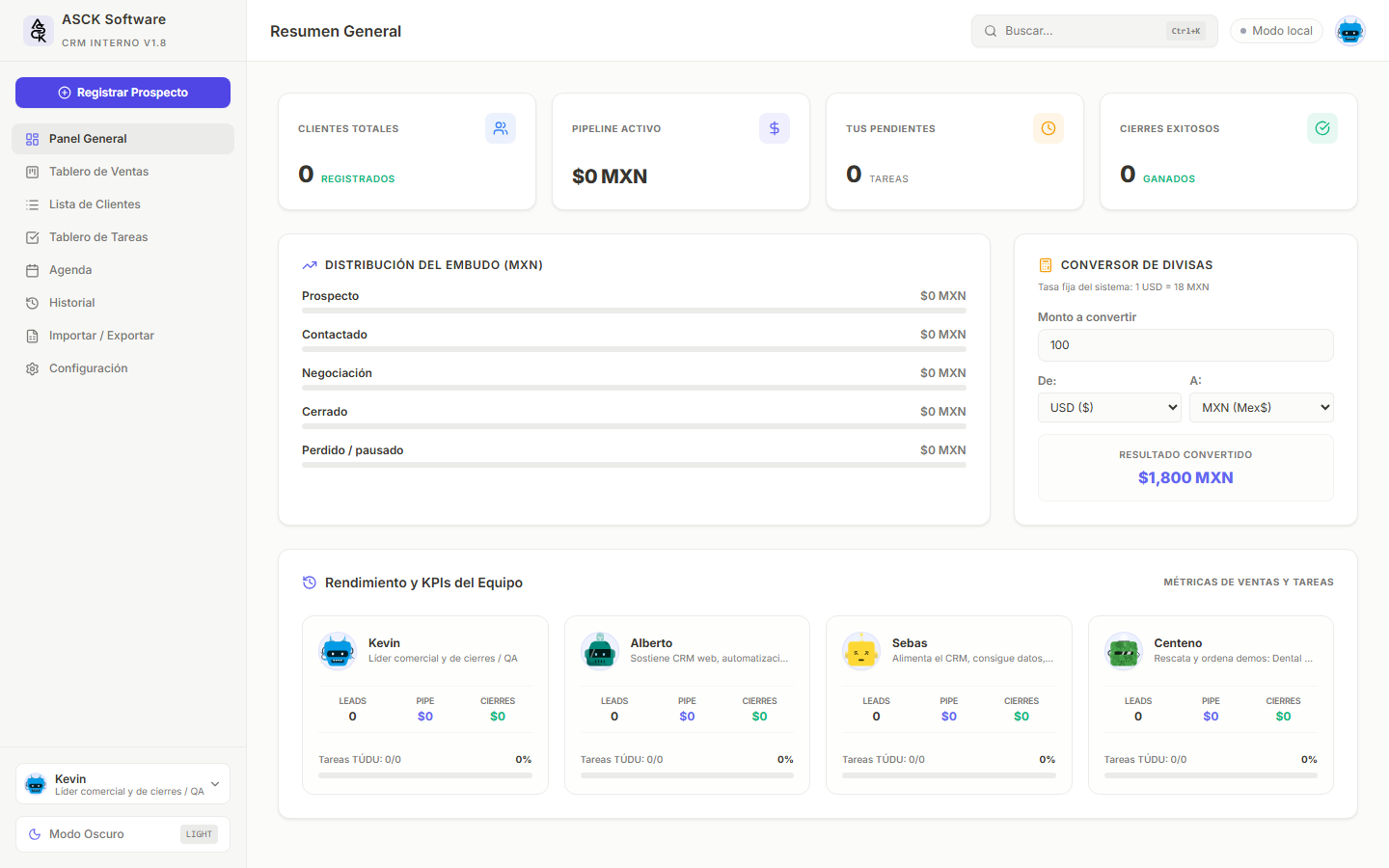 CRM ASCK — pipeline comercial Kanban
